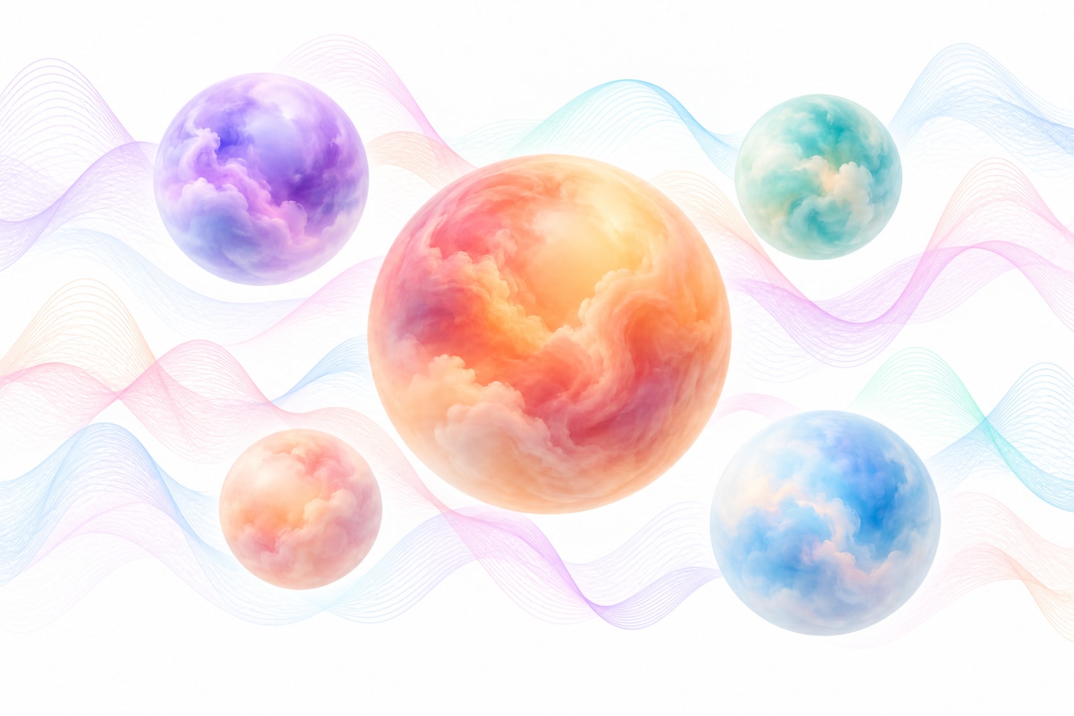 Pastel cloud-filled orbs floating among flowing multicoloured sound waves