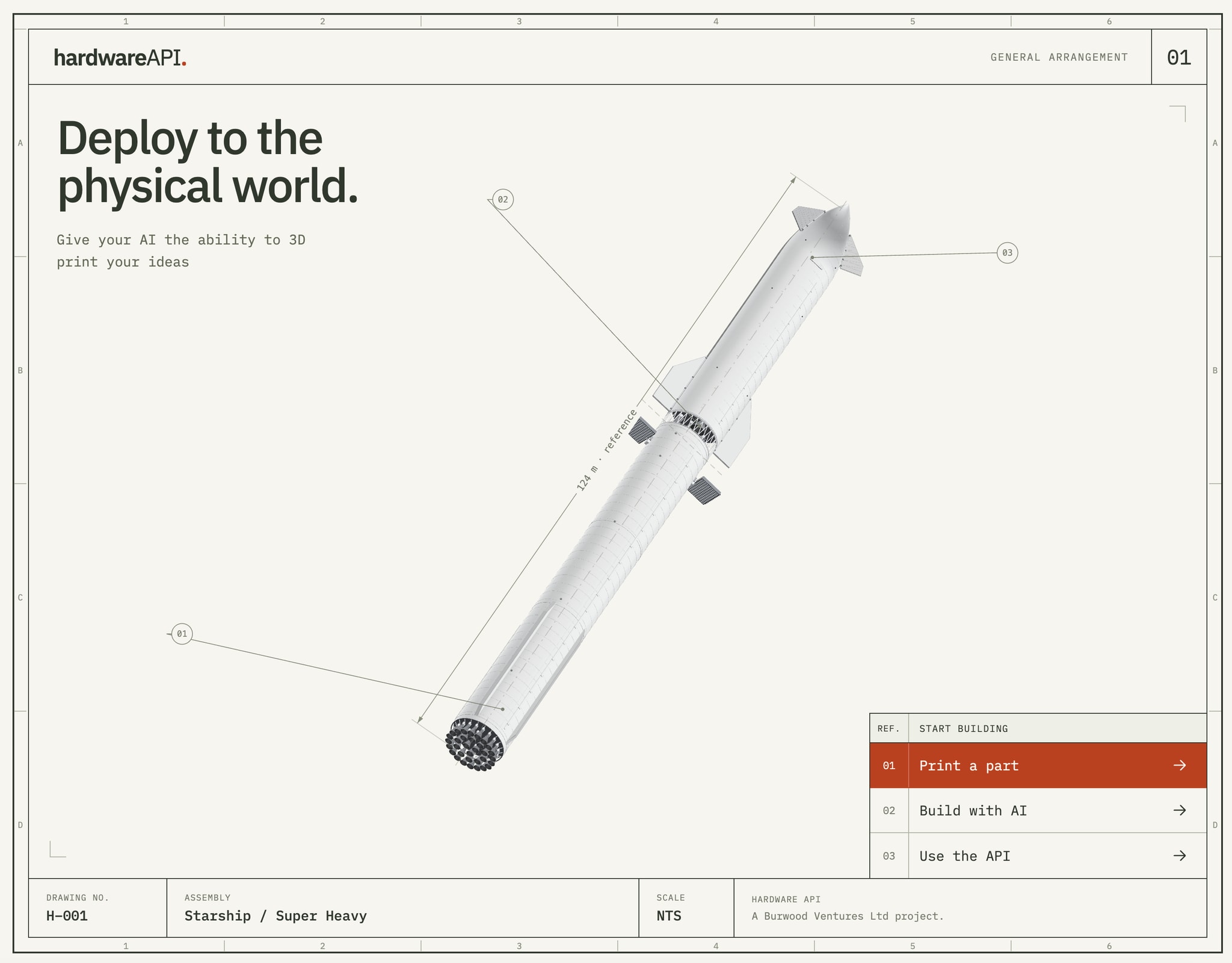 Hardware API website with a technical drawing layout, a 3D rocket model and the headline Deploy to the physical world